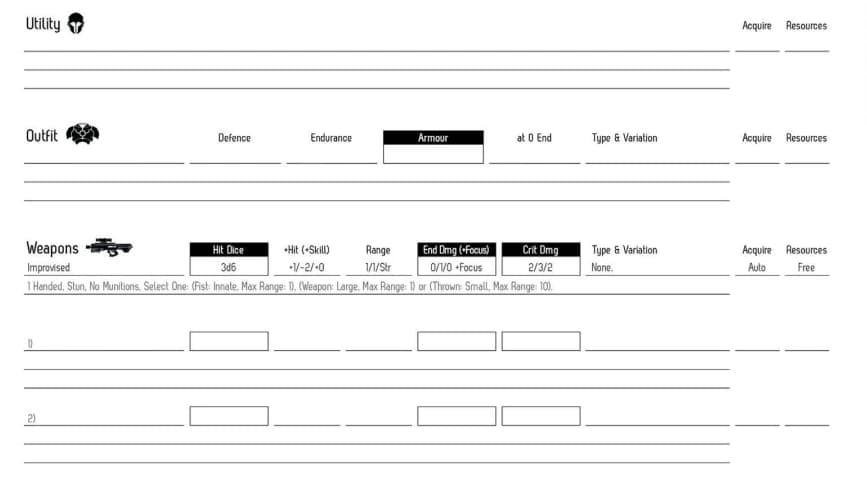Detalhe da ficha de Fragged Empire com as seções Utility, Outfit e Weapons, listando dados de acerto, dano e alcance.