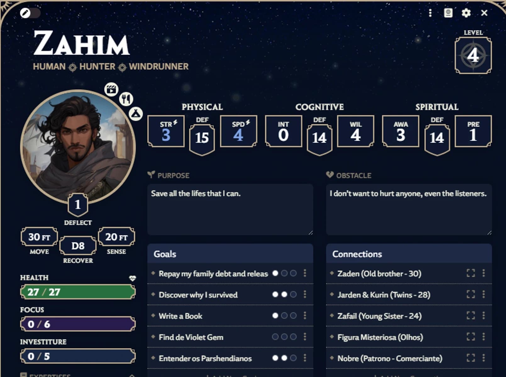 Ficha digital do personagem Zahim, humano Caçador Windrunner nível 4 do Cosmere RPG, com atributos, propósito, metas e conexões