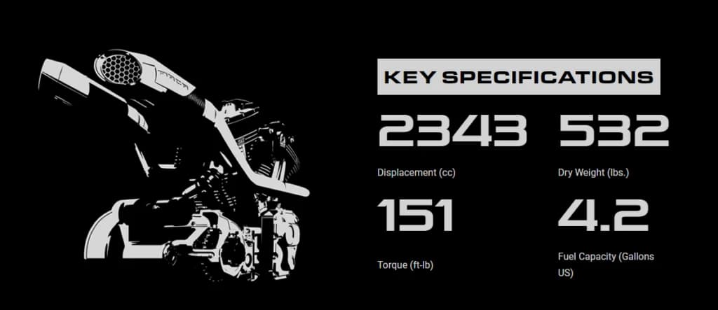Infográfico Key Specifications de motocicleta em fundo preto, com números de cilindrada, peso, torque e capacidade de combustível.