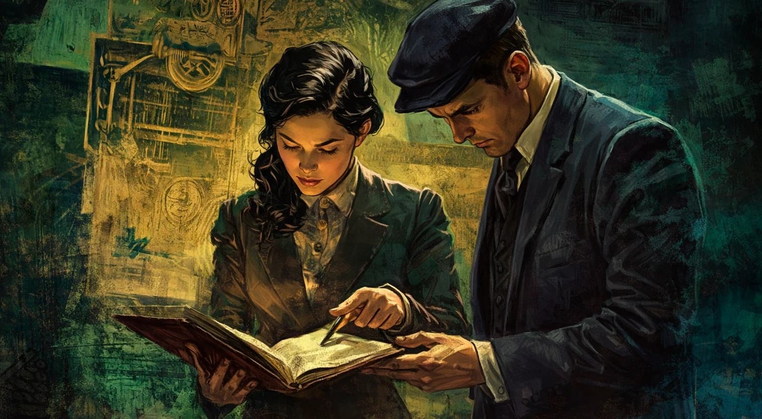 Ilustração de uma mulher e um homem dos anos 1920 examinando juntos um livro aberto, em tons esverdeados, no clima investigativo de Chamado de Cthulhu.