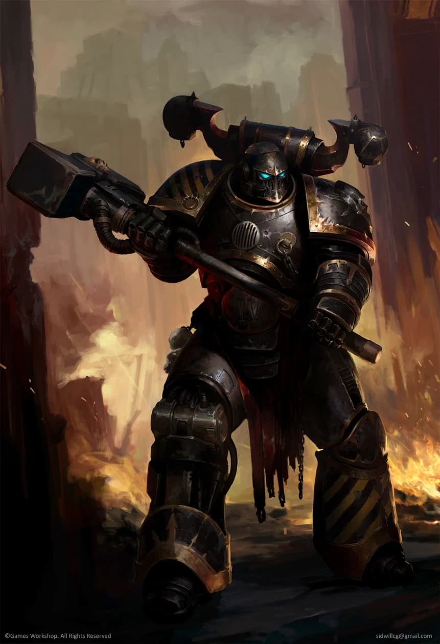 Space Marine de Warhammer 40k em armadura de combate escura e desgastada, empunhando um enorme martelo de trovão em meio a fogo e ruínas.