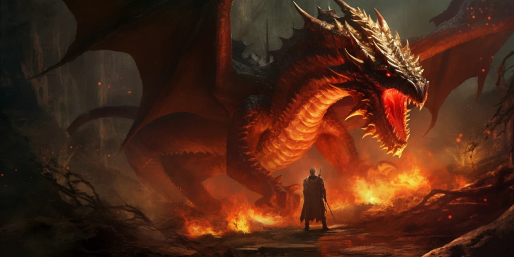 Uma figura de armadura solitária encarando um imenso dragão vermelho que cospe fogo num desfiladeiro sombrio.