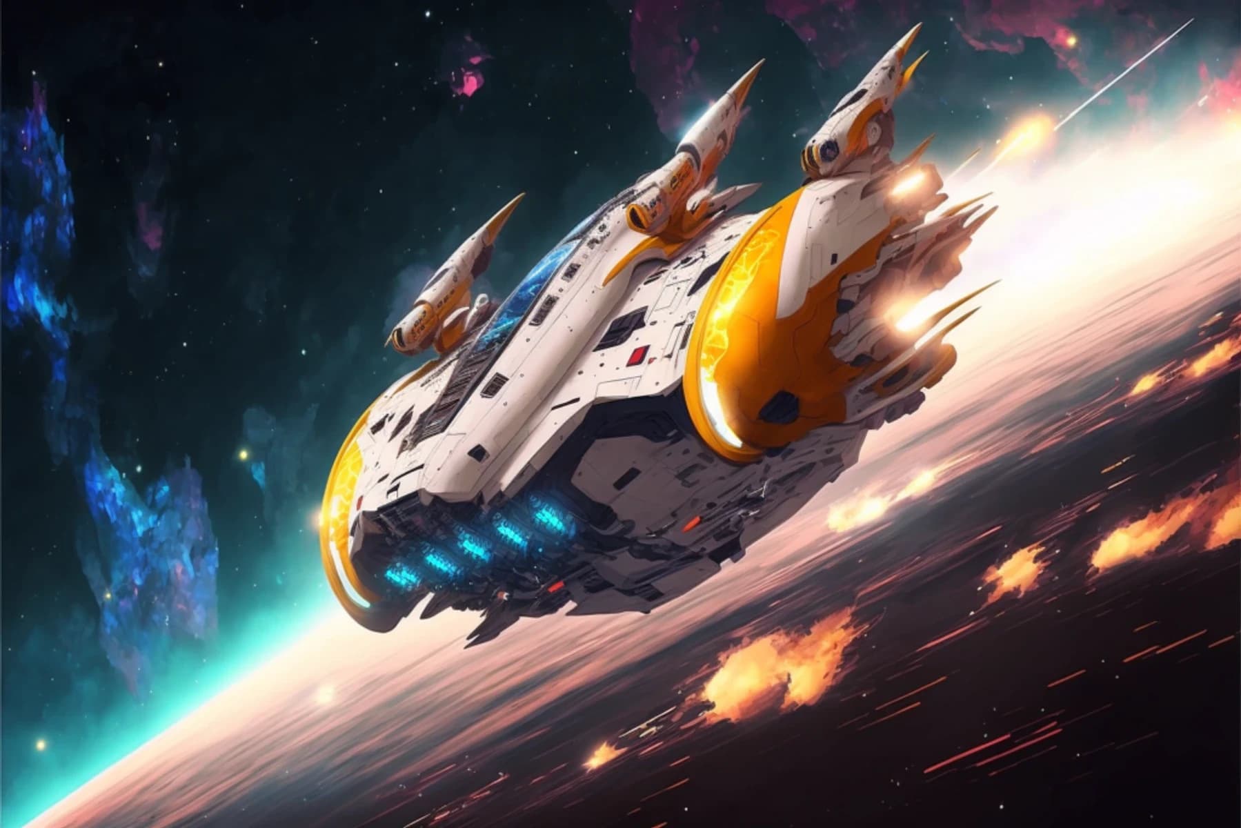 Ilustração de nave espacial branca e laranja acelerando sobre um planeta, com nebulosas coloridas e rastros de fogo ao fundo.