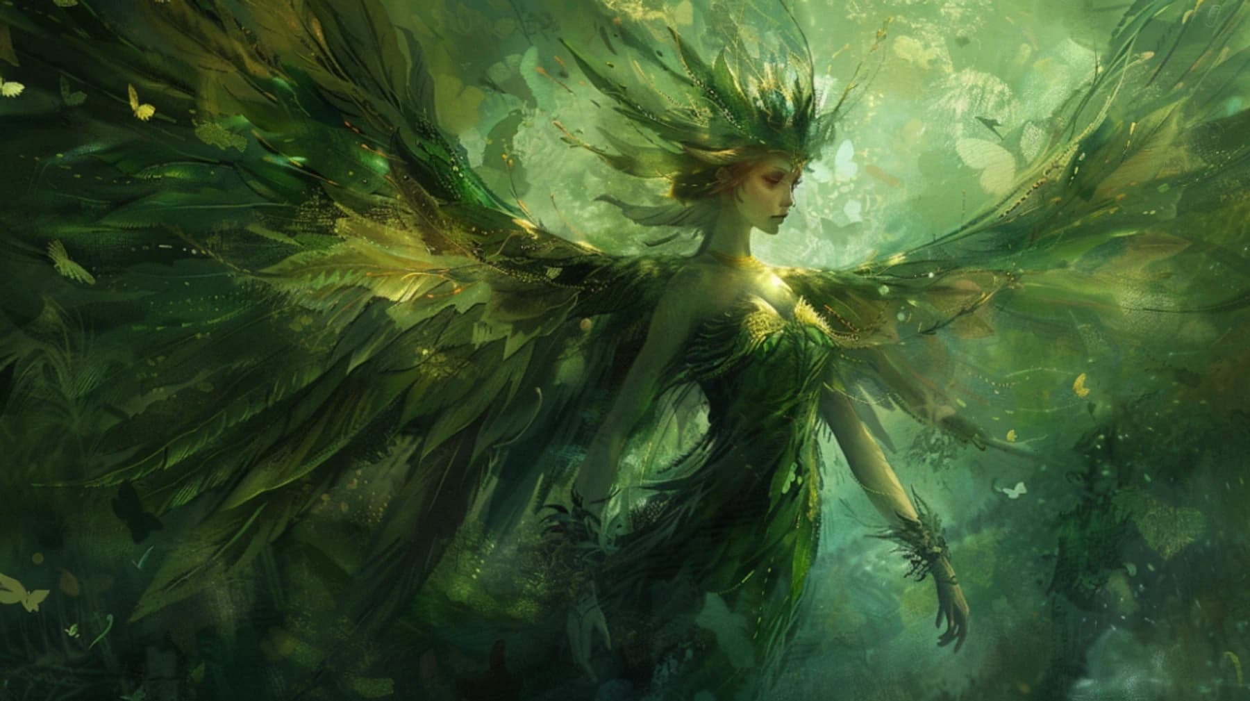 Ilustração de uma entidade feminina feita de folhas e penas verdes, com grandes asas de folhagem, evocando um patrono arquifada