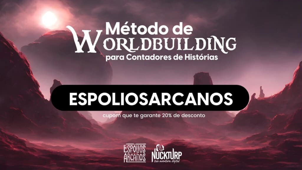 Banner promocional do curso Método de Worldbuilding com cupom de desconto sobre paisagem avermelhada.