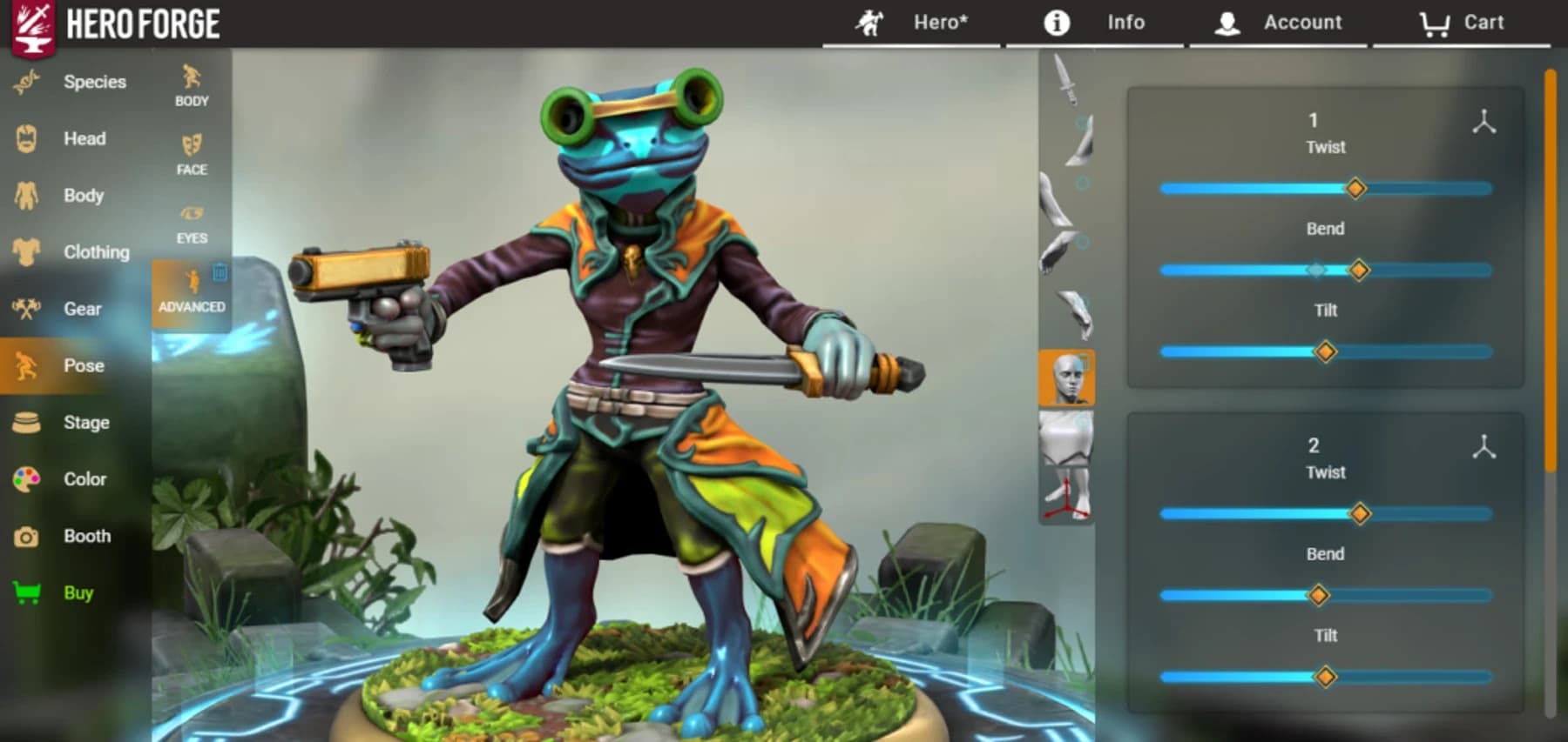 Captura de tela do Hero Forge exibindo um personagem humanoide-sapo azul empunhando pistola e adaga, com painel de poses ao lado.