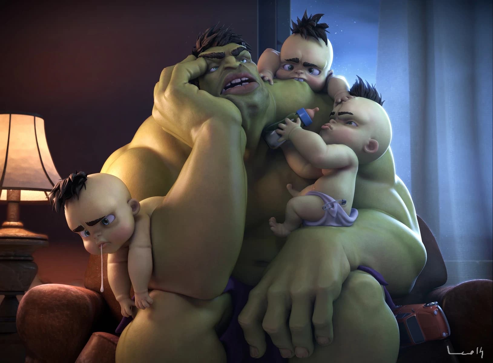 Ilustração 3D do Hulk sobrecarregado numa sala à noite, segurando quatro bebês verdes de sobrancelha grossa.