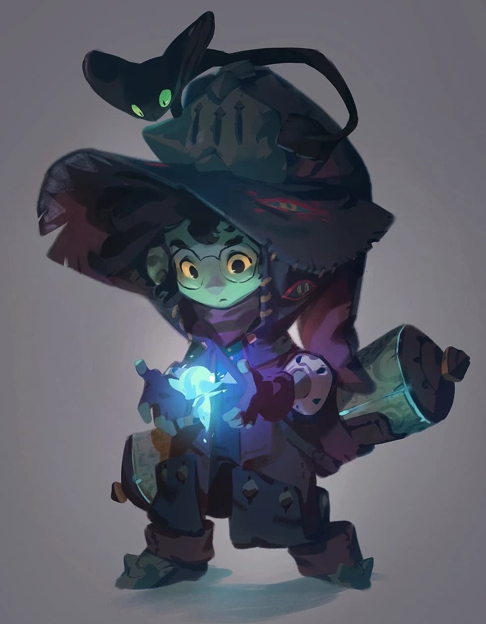 Ilustração estilizada de um pequeno mago de pele esverdeada usando um chapéu de bruxo enorme com um gato preto no topo, segurando uma centelha de magia azul brilhante.