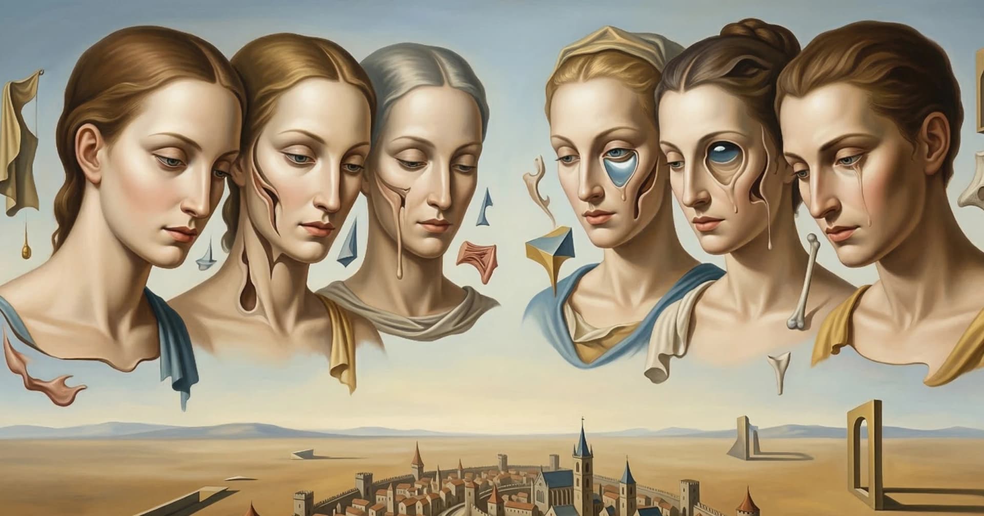 Pintura surrealista no estilo de Dalí com seis bustos de mulheres clássicas flutuando sobre uma cidade medieval no deserto, algumas com feições derretendo, evocando a criação de um panteão de deuses.