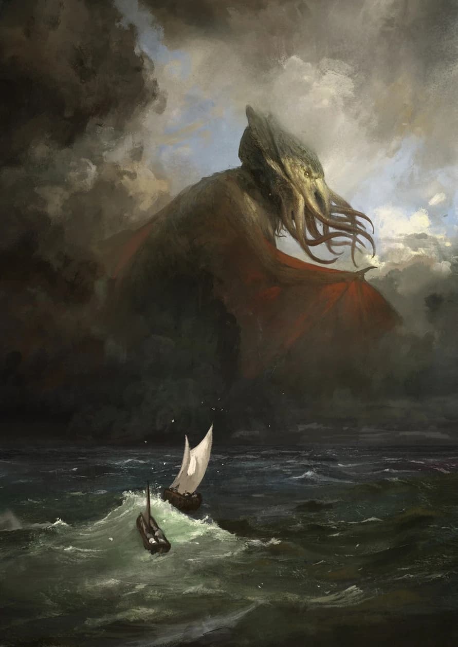 Pintura clássica de Cthulhu: uma criatura colossal com cabeça de polvo e asas emergindo de um mar tempestuoso, com um pequeno veleiro à frente.