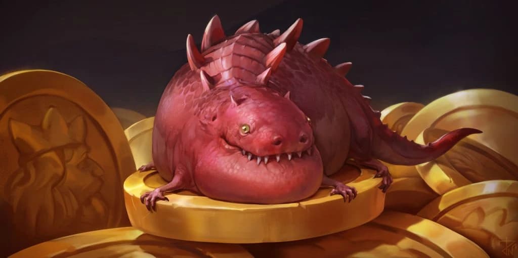 Ilustração de um pequeno dragão vermelho e gorducho deitado sobre uma pilha de moedas de ouro brilhantes.