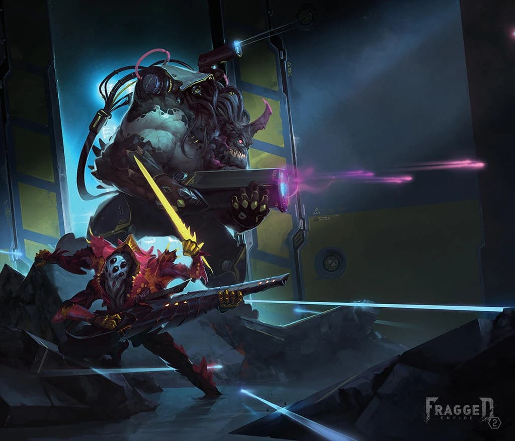 Arte de Fragged Empire 2 com enorme besta ciborgue e guerreiro menor de jaleco vermelho duelando com lâminas de energia.