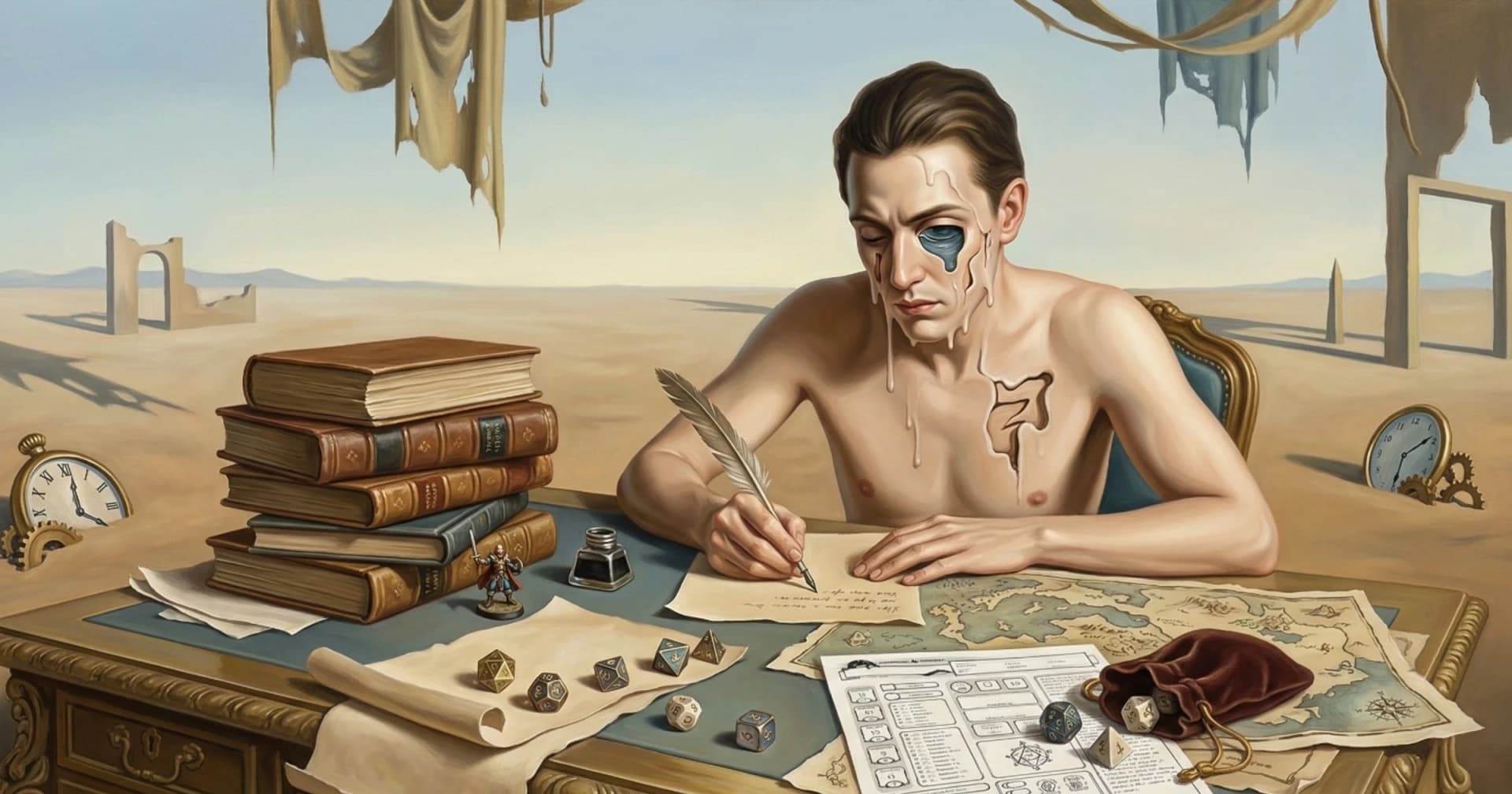 Pintura surrealista no estilo de Dalí: um mestre de RPG escrevendo com pena numa escrivaninha em pleno deserto, cercado por livros antigos, dados poliédricos, um mapa e uma ficha de personagem, com panos e relógios derretendo ao fundo.