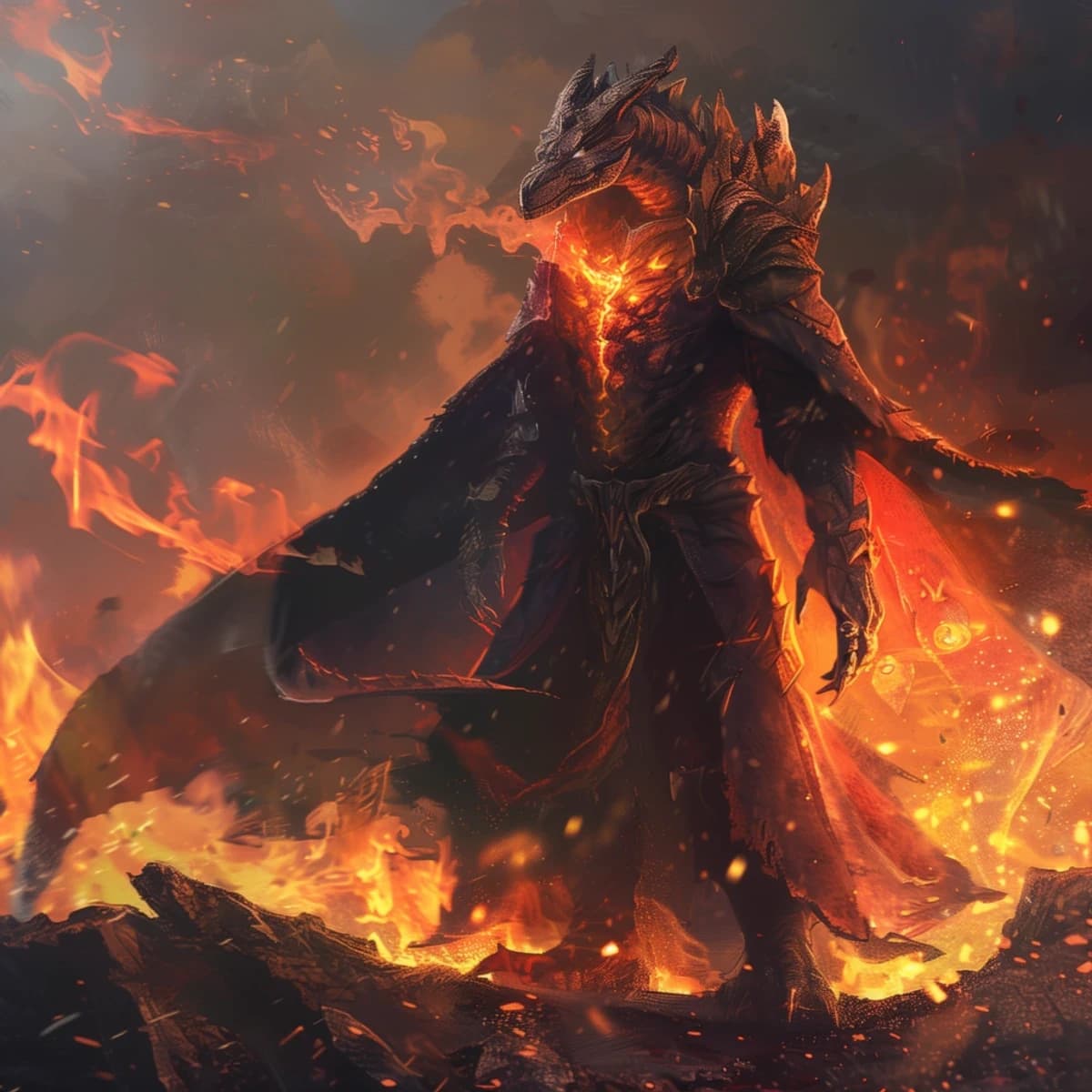 Arte de um dragonborn de fogo, humanoide dragão com armadura escura e rachaduras incandescentes no peito, cercado por chamas