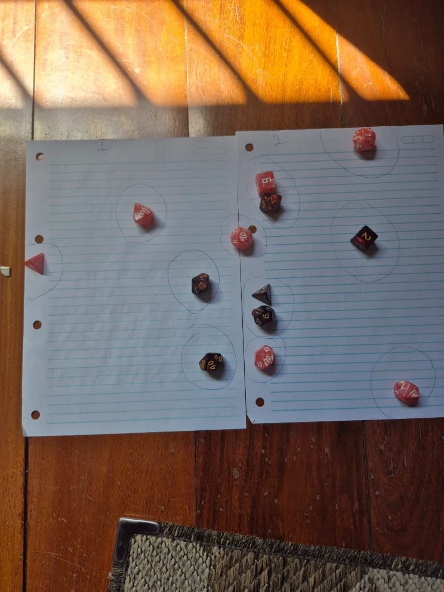 Foto de duas folhas de papel pautado sobre um piso de madeira com dados poliédricos vermelhos e pretos posicionados dentro de círculos desenhados à mão, simulando um encontro de RPG.