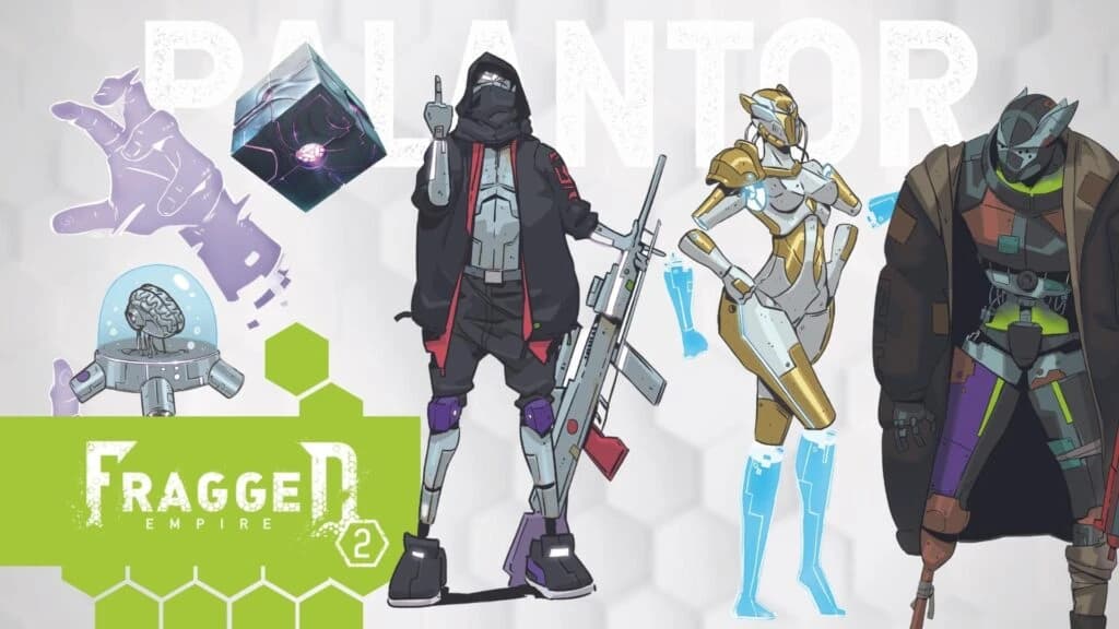 Arte conceitual da raça Palantor de Fragged Empire 2: figuras cibernéticas, cubo de energia, cérebro em cápsula e mão translúcida sobre fundo hexagonal.