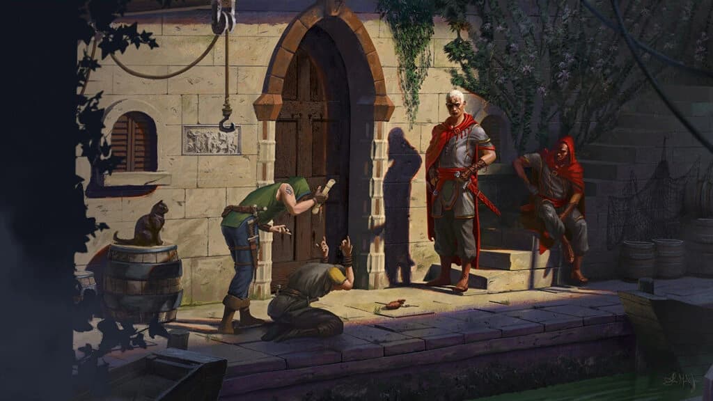 Cena de fantasia com guarda de manto vermelho abordando homens diante de porta arqueada e gato num barril.