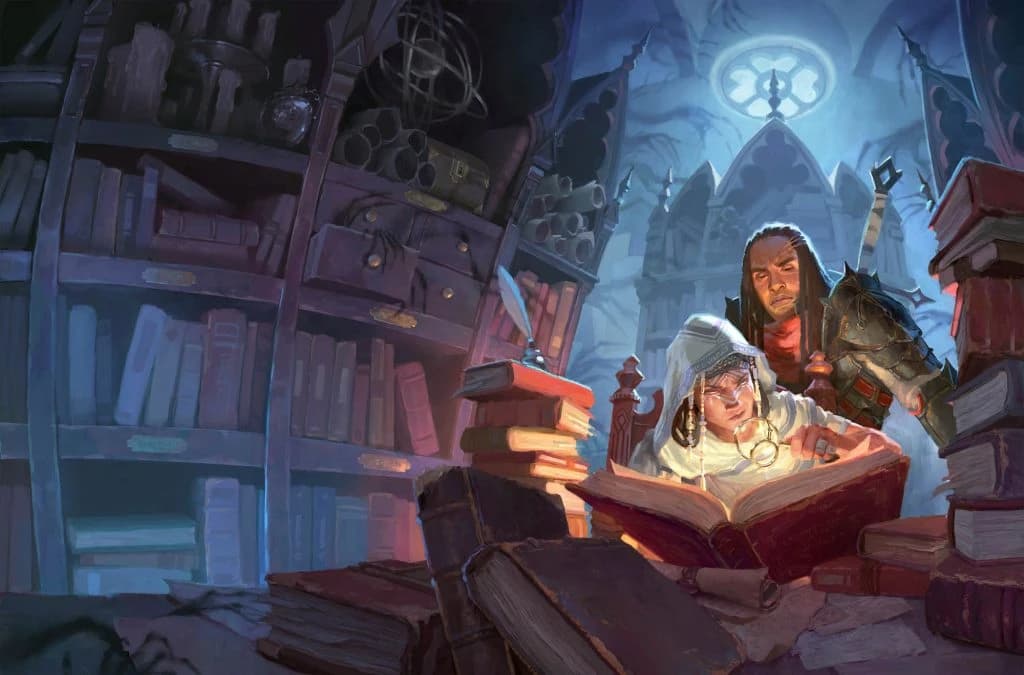 Arte de fantasia com estudioso de turbante lendo um tomo à luz de vela numa biblioteca, guerreiro observando atrás.