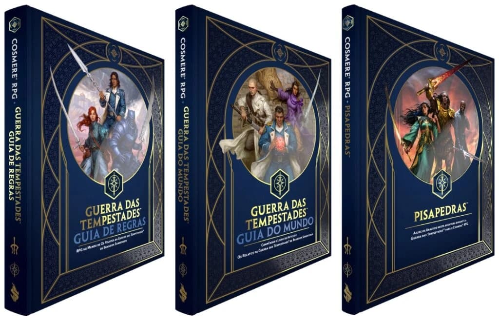 Três capas azuis de livros do Cosmere RPG lado a lado: Guia de Regras, Guia do Mundo e Pisapedras.