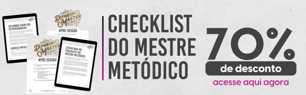 Banner promocional do Checklist do Mestre Metódico com tablets exibindo fichas e selo de 70% de desconto.