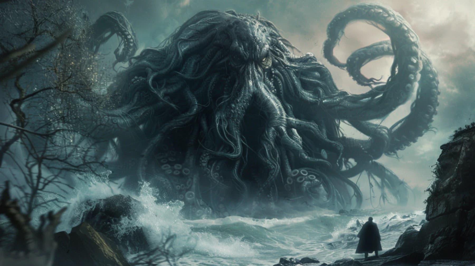 Arte de Cthulhu, criatura tentacular gigantesca emergindo do mar diante de uma figura minúscula encapuzada na praia