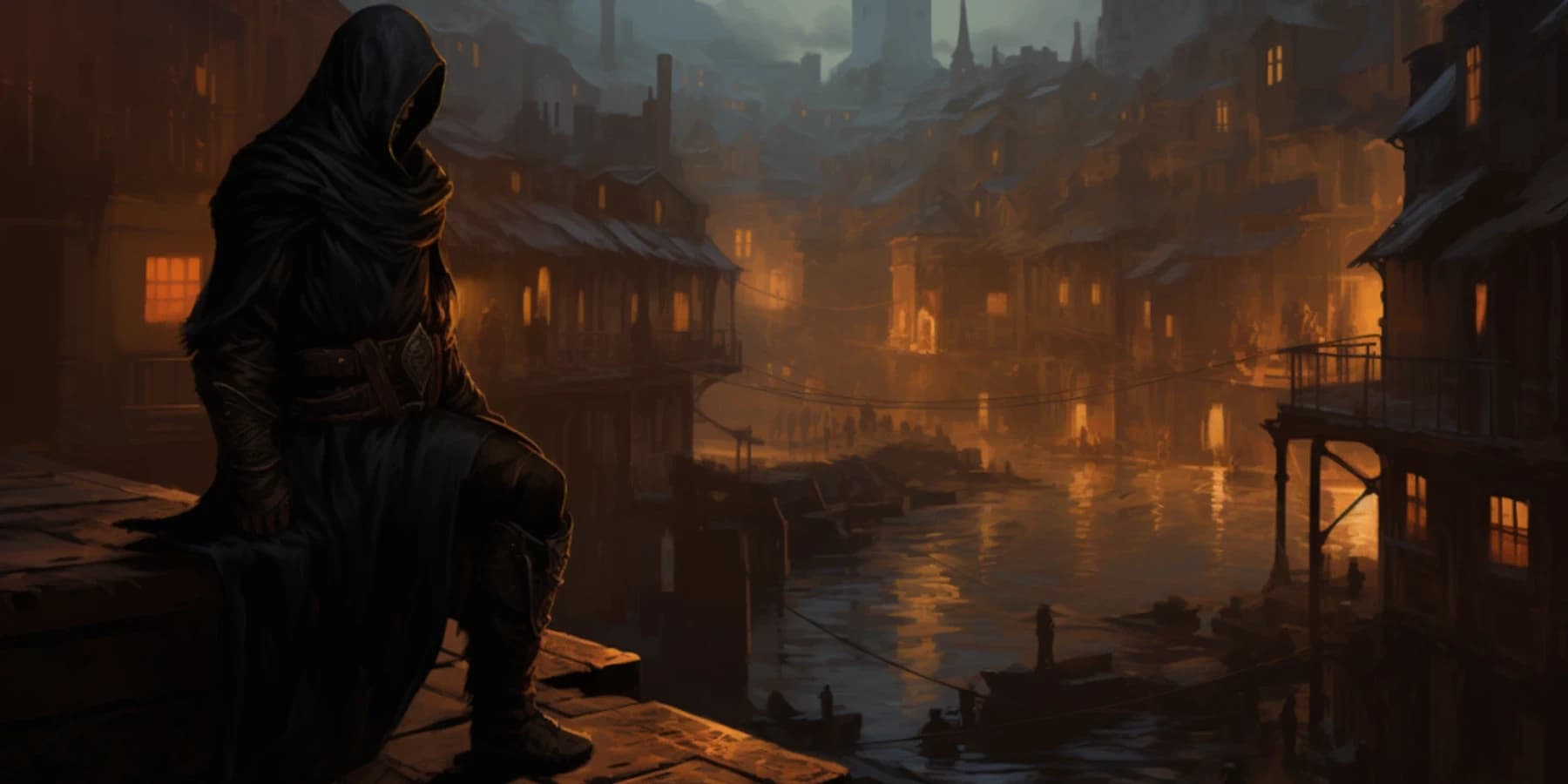 Uma figura encapuzada sentada numa beirada observando uma cidade-canal medieval enevoada ao anoitecer.