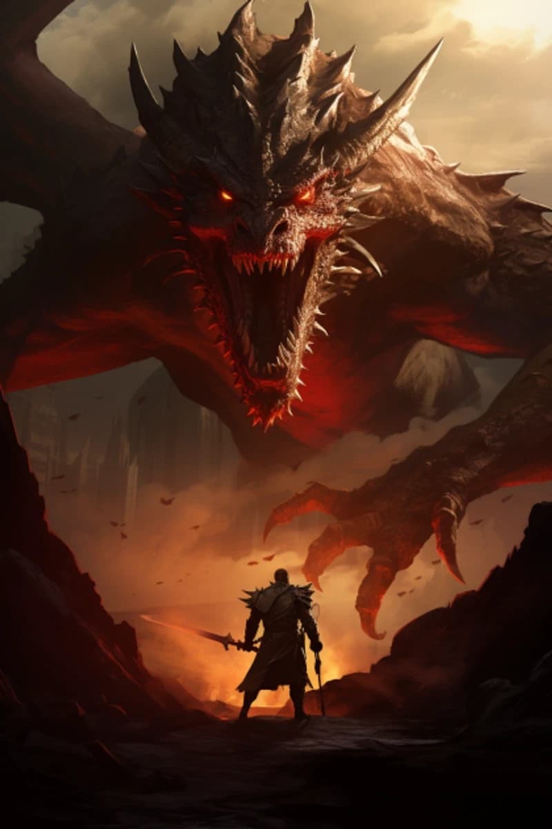 Um guerreiro de armadura solitário diante de um imenso dragão vermelho que cospe fogo, em composição vertical.