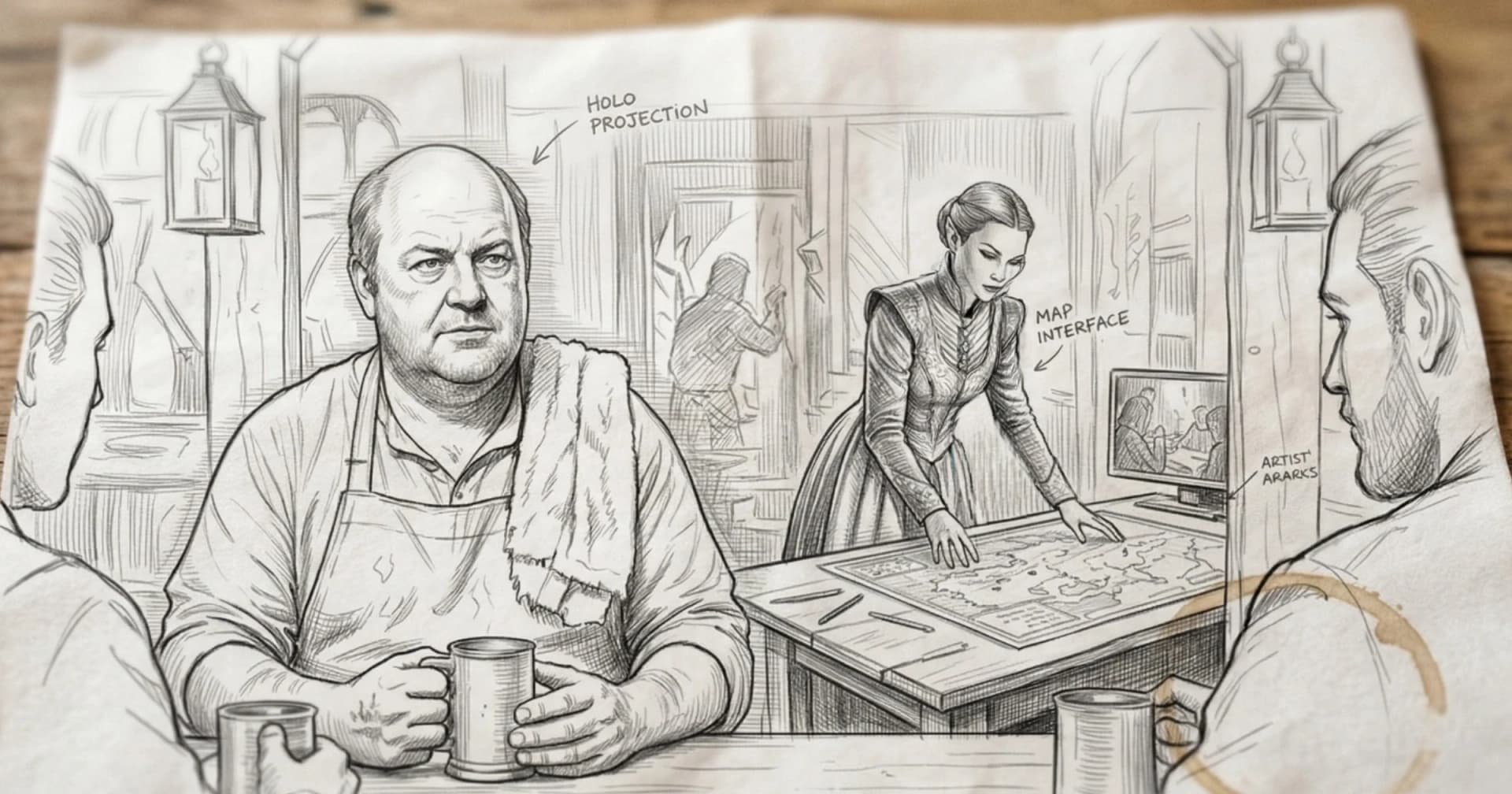 Ilustração a lápis de uma cena de taverna: um taverneiro careca de avental com uma caneca e uma mulher em traje de época apontando para um mapa sobre a mesa, com rótulos manuscritos de anotação.