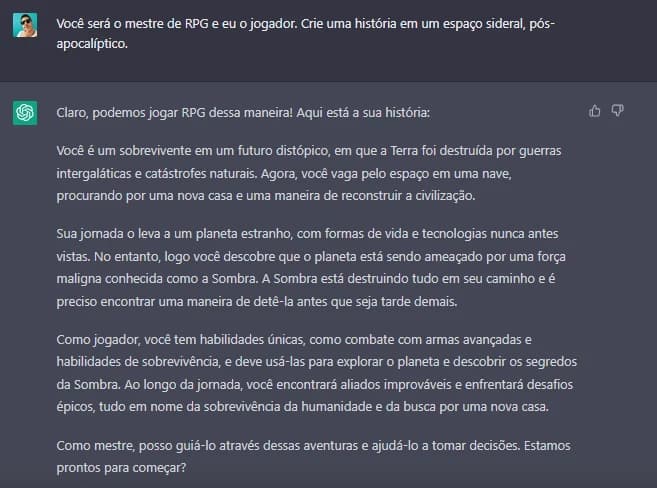Captura de tela do ChatGPT em que a IA cria uma história de RPG em cenário espacial pós-apocalíptico a pedido do jogador.