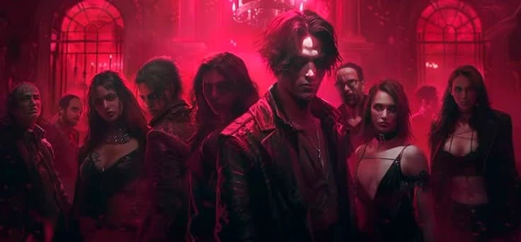 Grupo de personagens em trajes góticos escuros iluminados por luz vermelha num salão suntuoso, evocando o clima do RPG Vampiro: A Máscara.