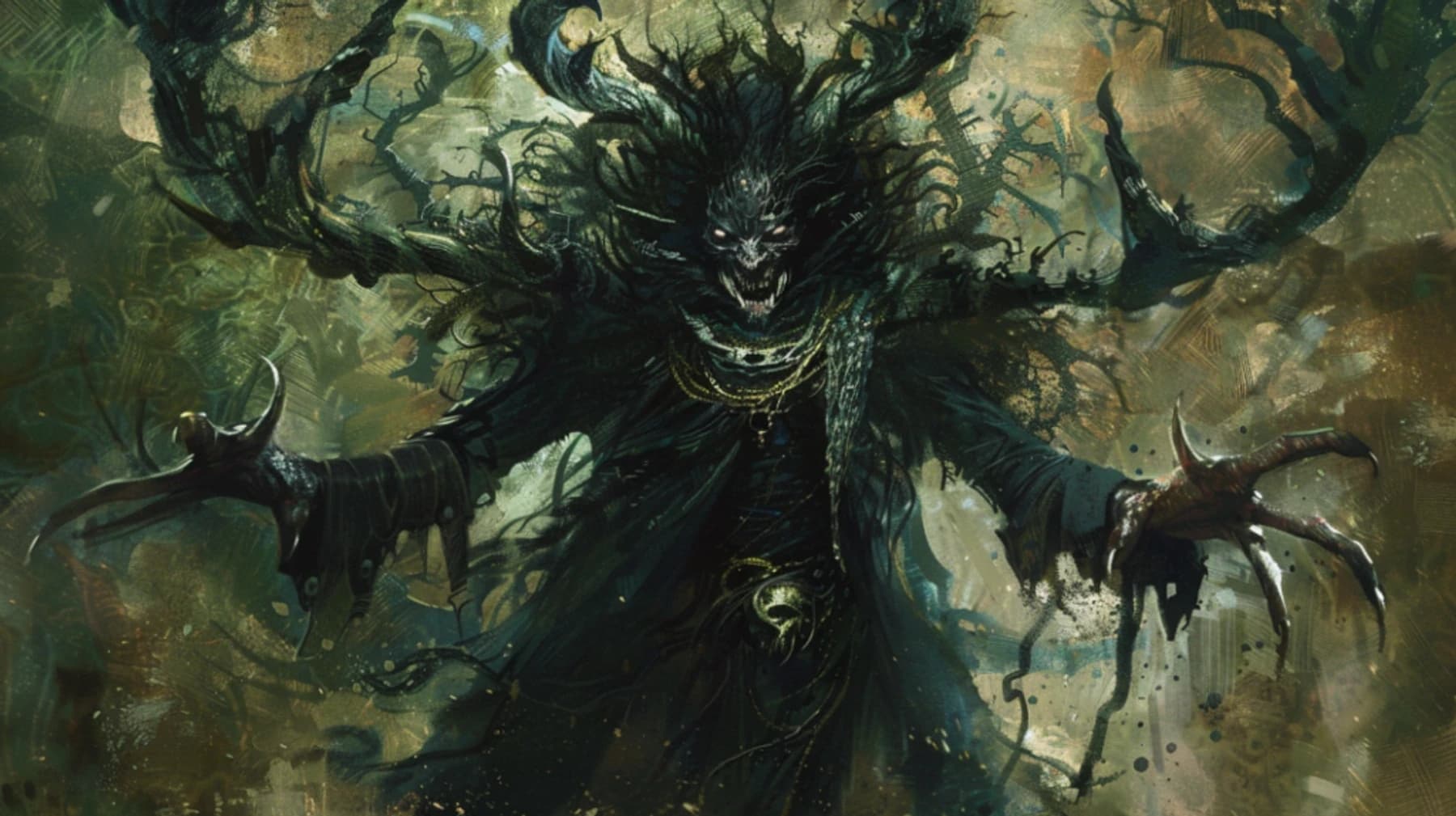 Arte de uma entidade sombria com galhos e chifres retorcidos e garras longas, um patrono corruptor de aparência demoníaca