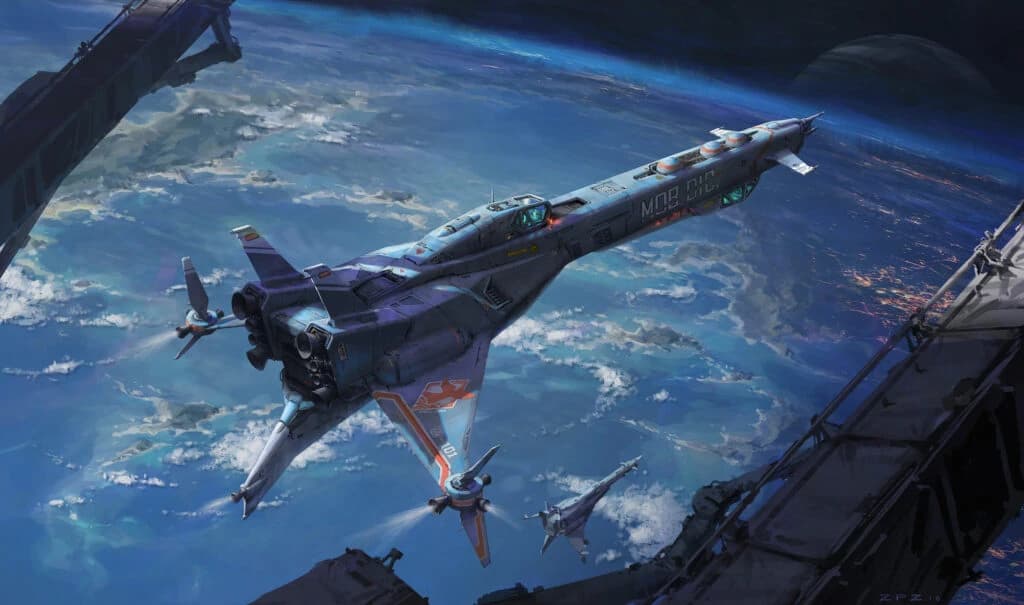 Arte conceitual de nave espacial em órbita da Terra, com caças menores voando ao lado.