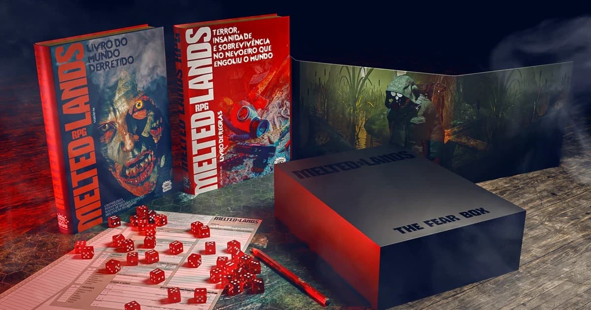 Outra vista dos produtos do RPG Melted Lands: os dois livros, a caixa The Fear Box, o escudo do mestre e dados vermelhos com a ficha de personagem.