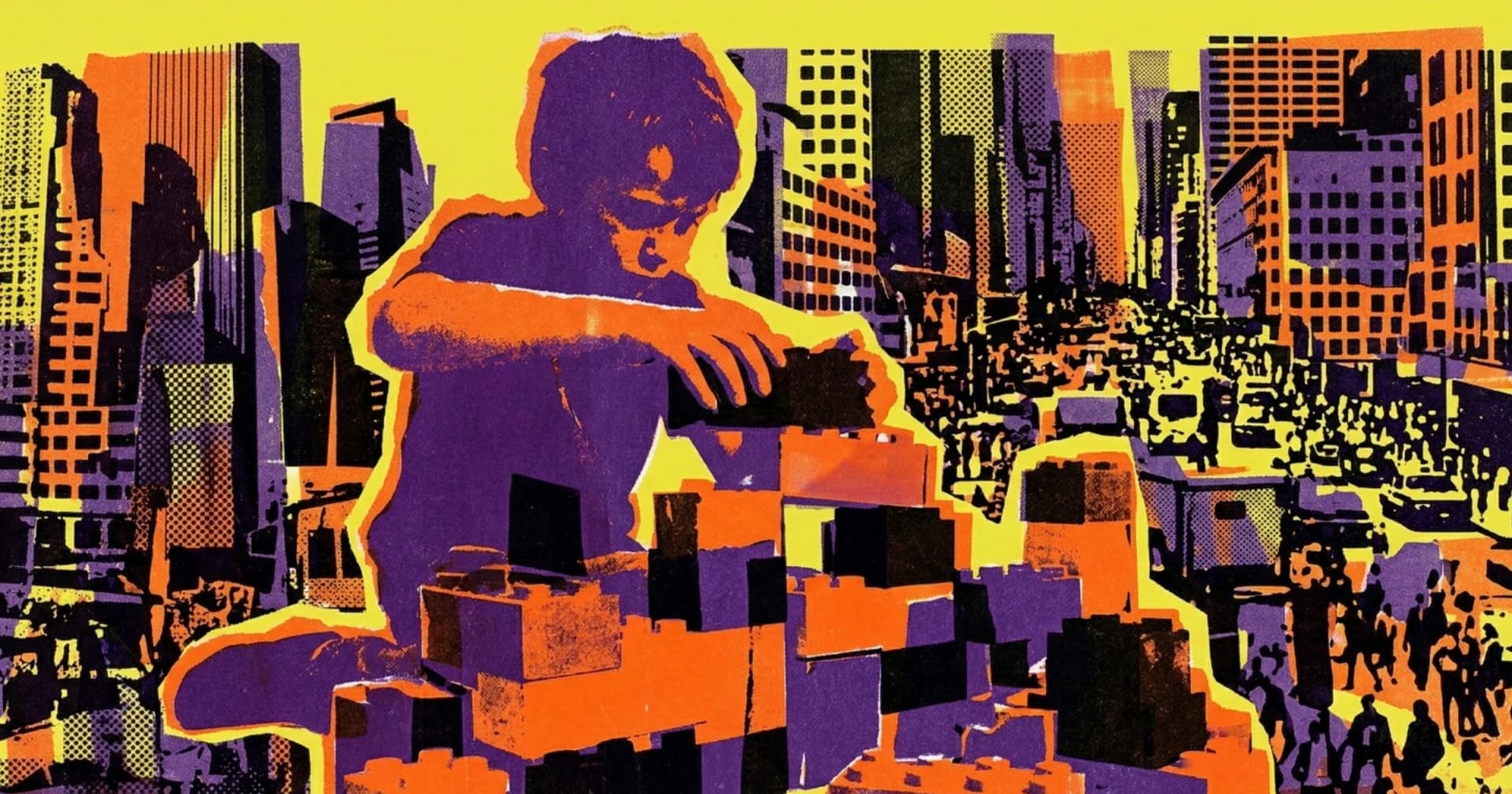 Ilustração risográfica em amarelo, roxo e laranja de uma figura gigante montando uma cidade com blocos em meio a arranha-céus reais, representando a criação de cidades no RPG.