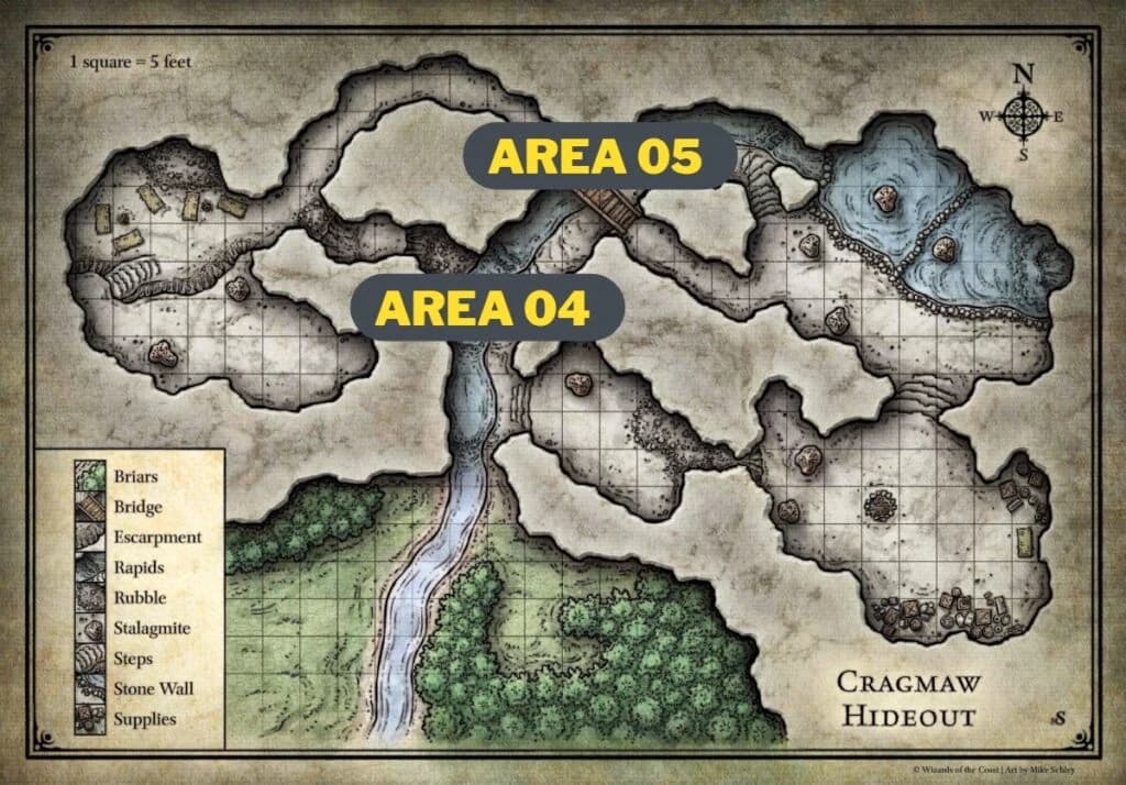 Mapa da caverna Cragmaw Hideout com duas etiquetas amarelas indicando AREA 04 e AREA 05 ao longo do rio.