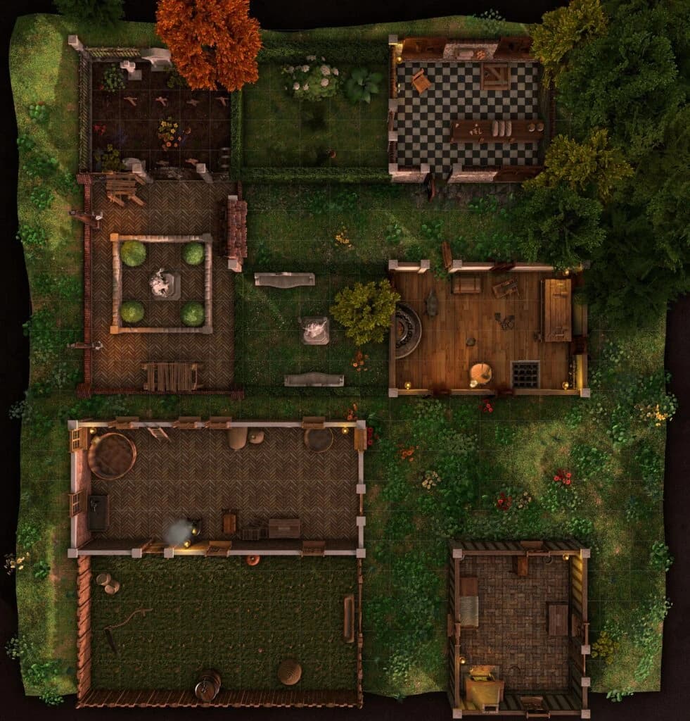 Mapa de jardim em vista de cima gerado no Dungeon Alchemist, com pátios de madeira, canteiros verdes, banheira e árvores de outono.