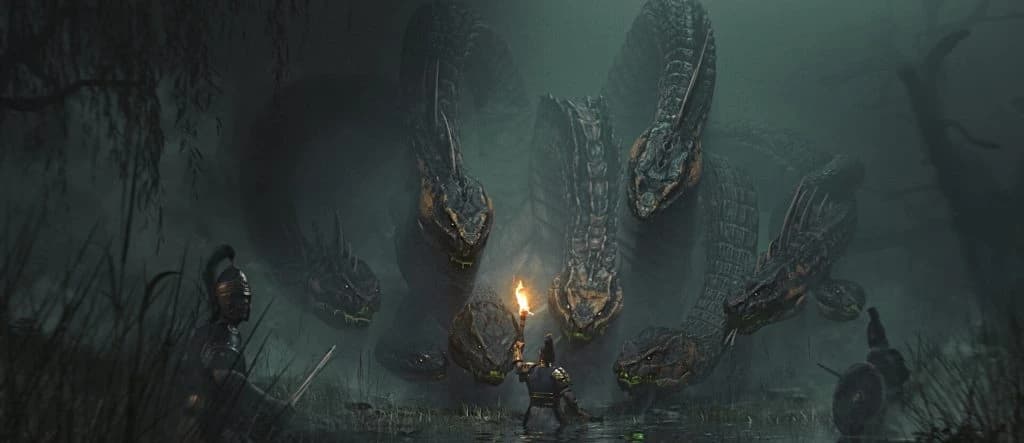 Arte conceitual de guerreiro com tocha enfrentando uma hidra de várias cabeças num pântano sombrio e enevoado.