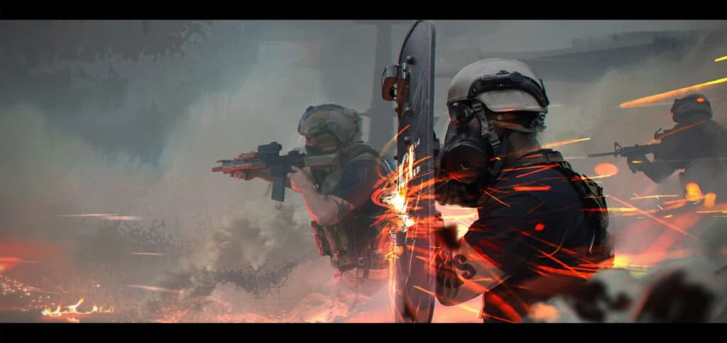 Soldados de colete tático e capacete avançam com rifles e escudo antimotim em meio a faíscas e fumaça.