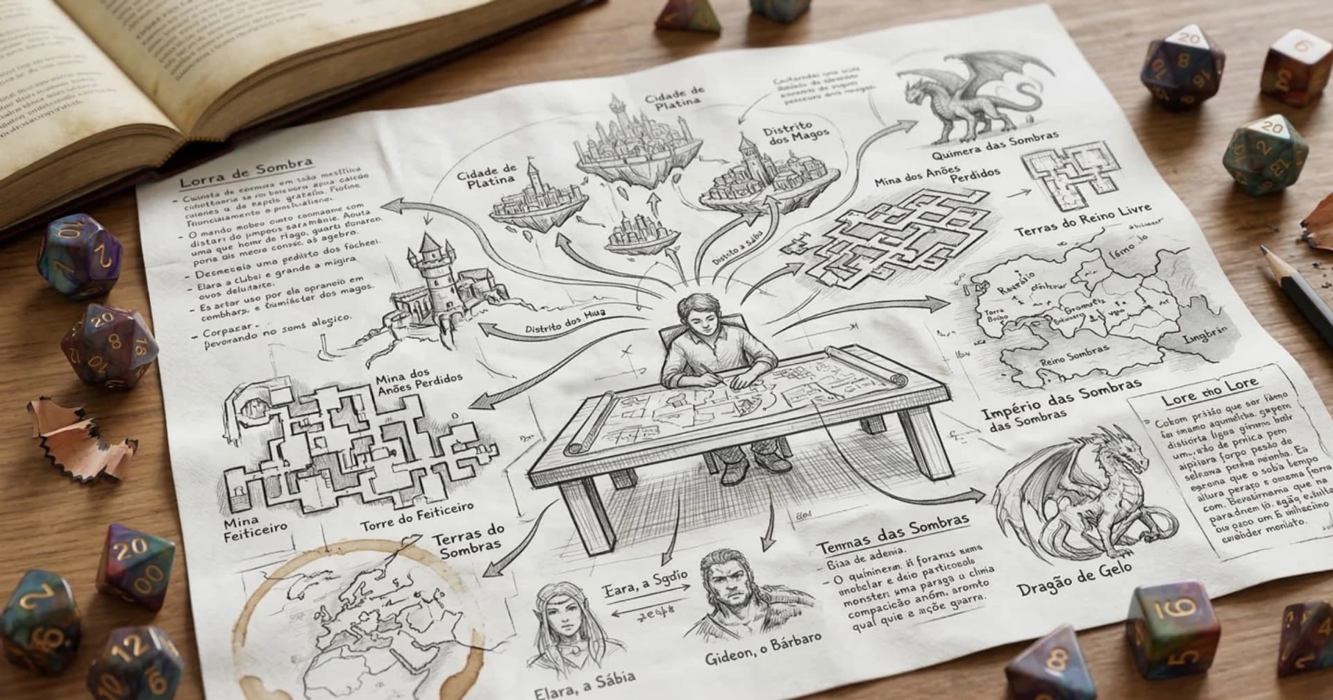 Mapa mental de worldbuilding sobre um pergaminho: um criador sentado à mesa no centro, cercado por esboços de cidades flutuantes, masmorras, dragões, mapas e personagens, com dados de RPG ao redor.