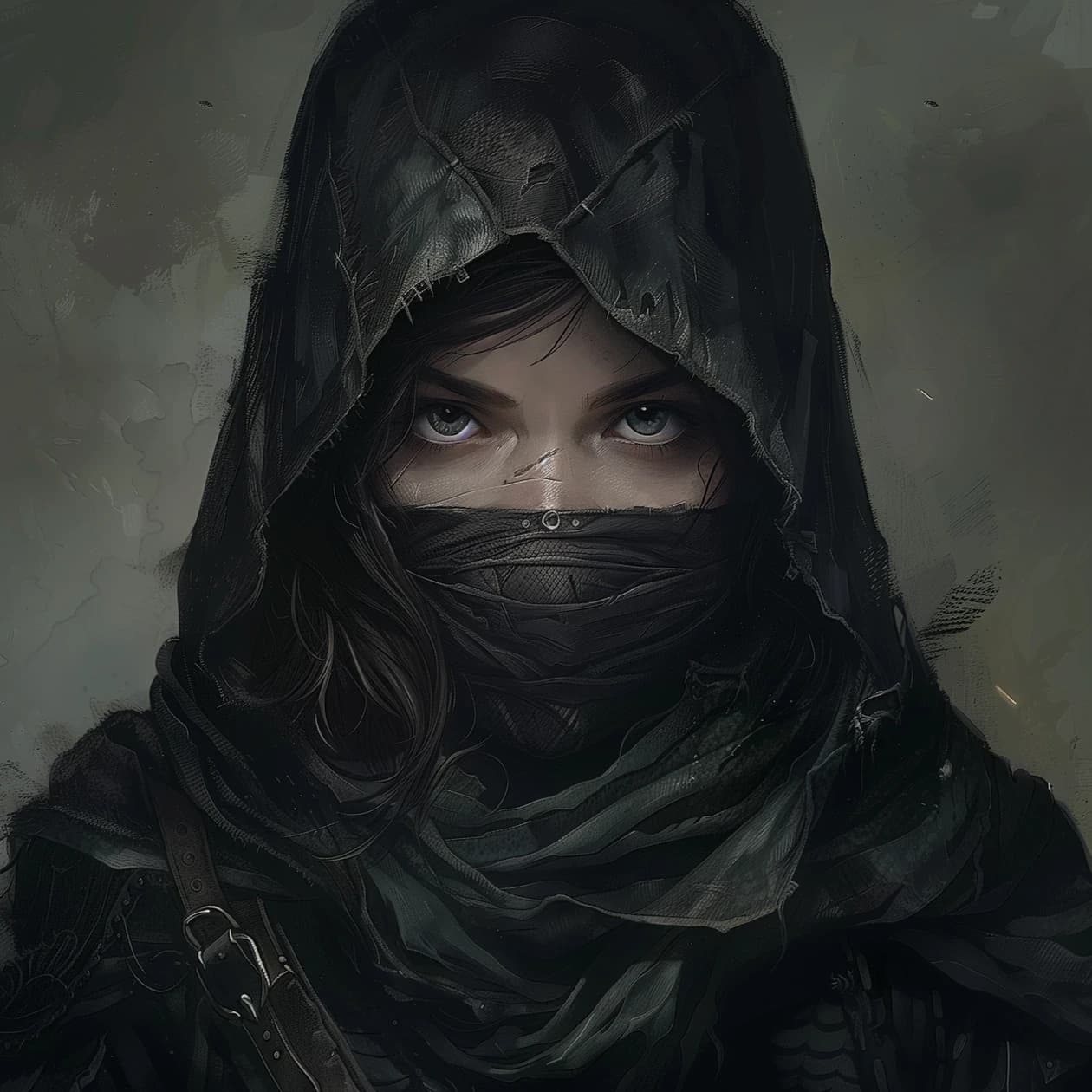 Retrato de uma ladina encapuzada com máscara de tecido preto cobrindo o rosto, apenas os olhos claros à mostra, em tom sombrio