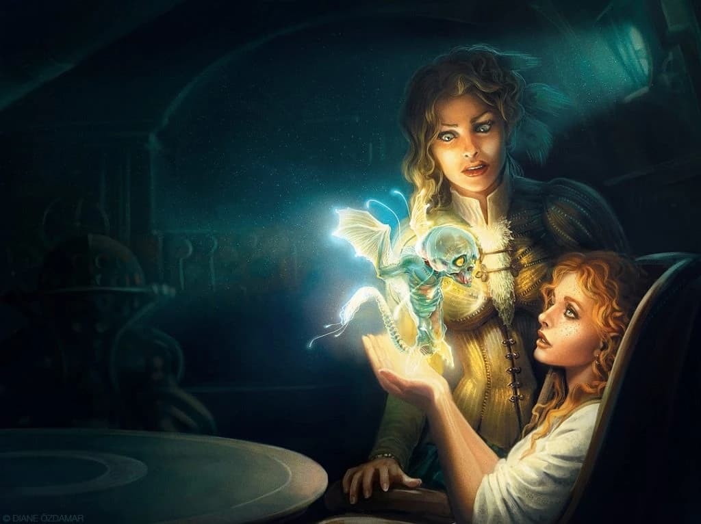 Ilustração de fantasia de duas mulheres observando uma pequena criatura esquelética luminosa surgindo sobre a mão de uma delas.