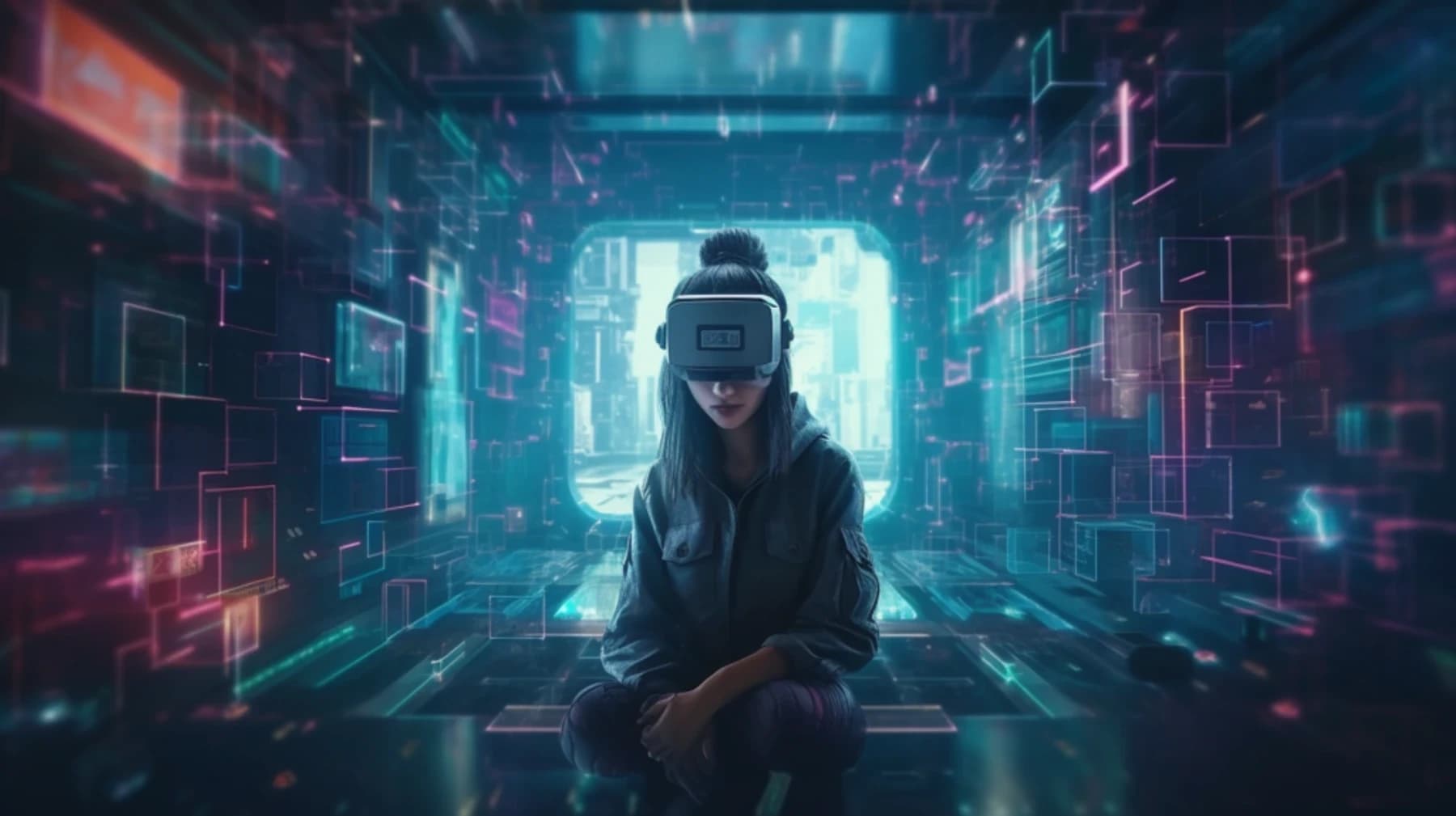 Ilustração de jovem com óculos de realidade virtual sentada em ambiente digital cheio de telas e luzes neon.