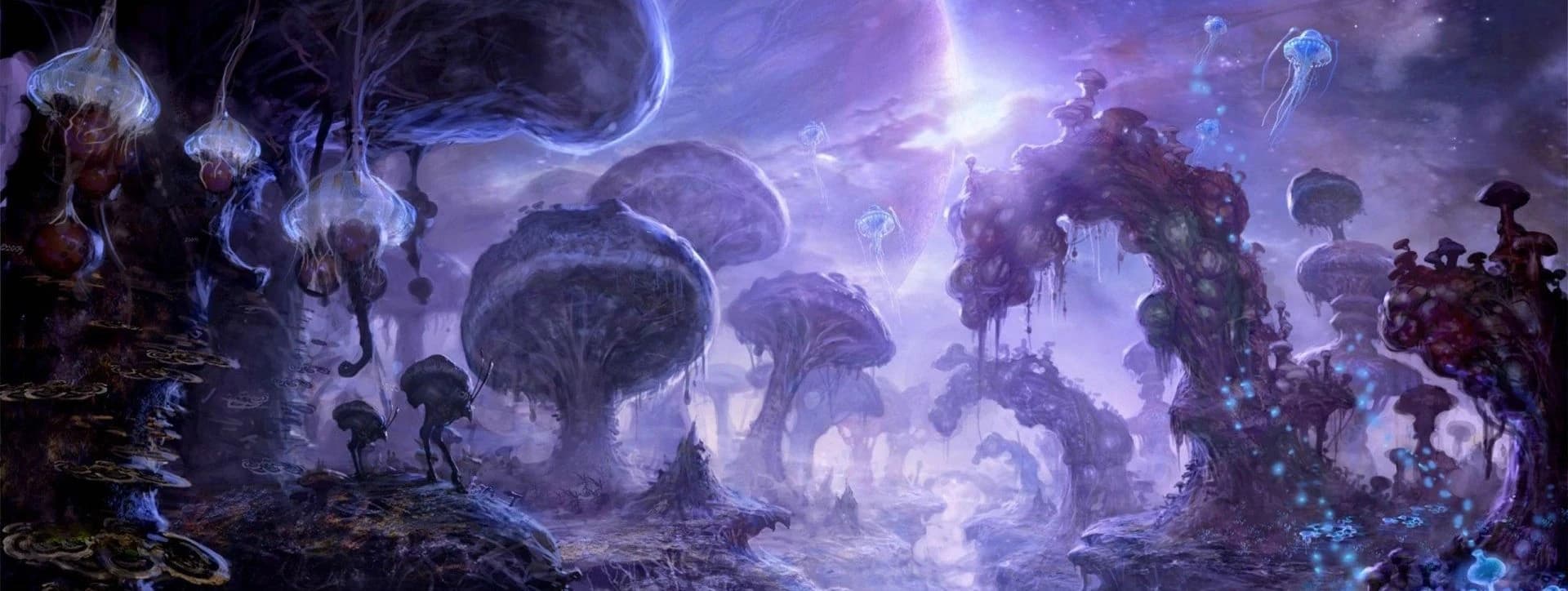 Paisagem alienígena subterrânea com cogumelos gigantes bioluminescentes e criaturas flutuantes semelhantes a águas-vivas sob um céu roxo com um planeta ao fundo.