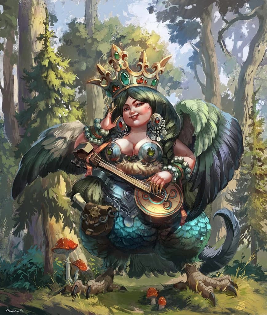 Ilustração de uma harpia coroada tocando alaúde na floresta, com asas e pernas emplumadas e cogumelos ao redor.