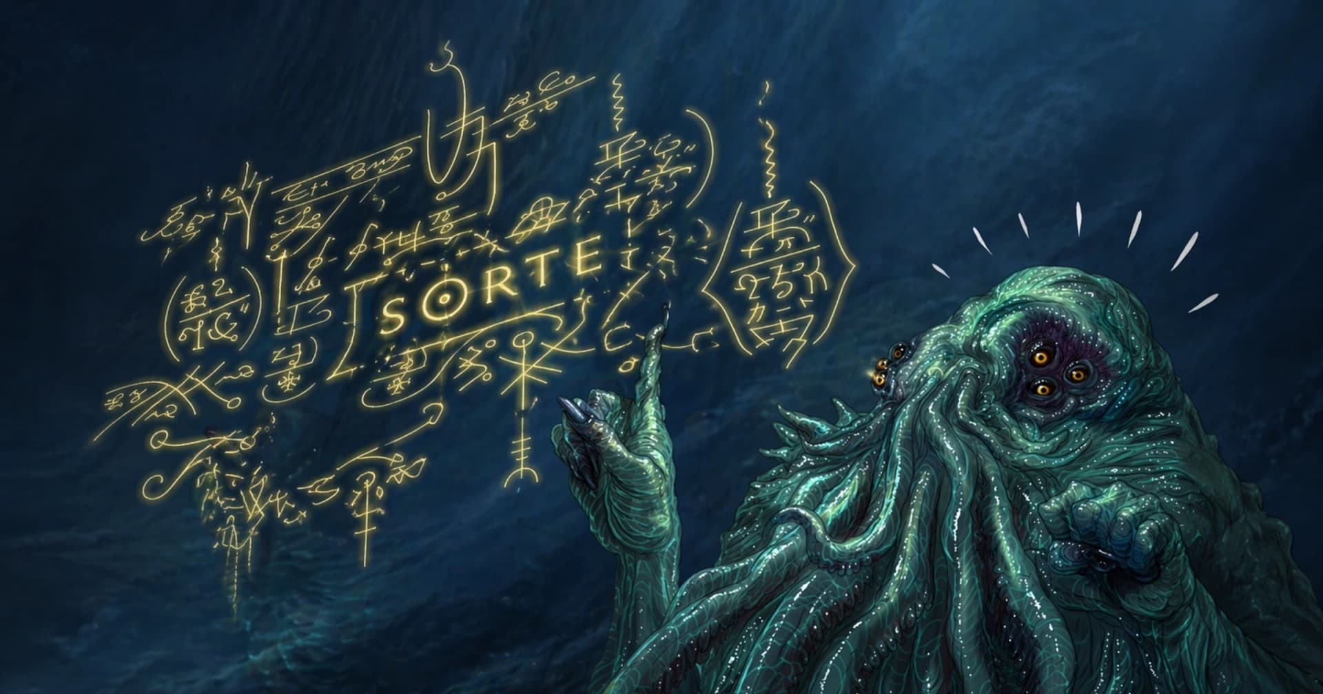 Criatura lovecraftiana esverdeada de múltiplos olhos e face de tentáculos, submersa, traçando símbolos arcanos luminosos em amarelo com a palavra SORTE no centro.