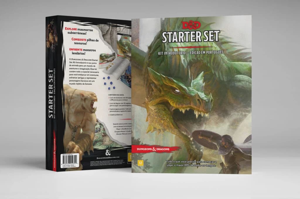 Caixa do Kit Introdutório de Dungeons & Dragons em português, com dragão verde rugindo na capa e verso descritivo.