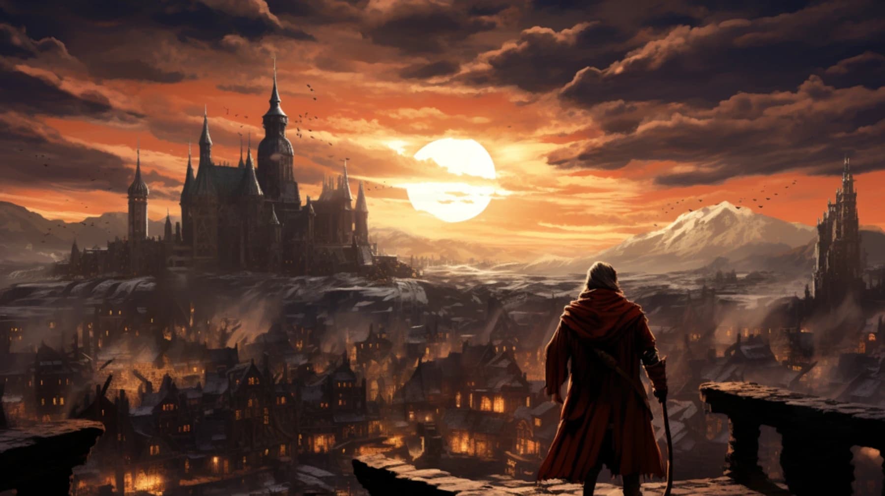 Aventureiro de capa vermelha observa cidade medieval e castelo sob pôr do sol alaranjado.