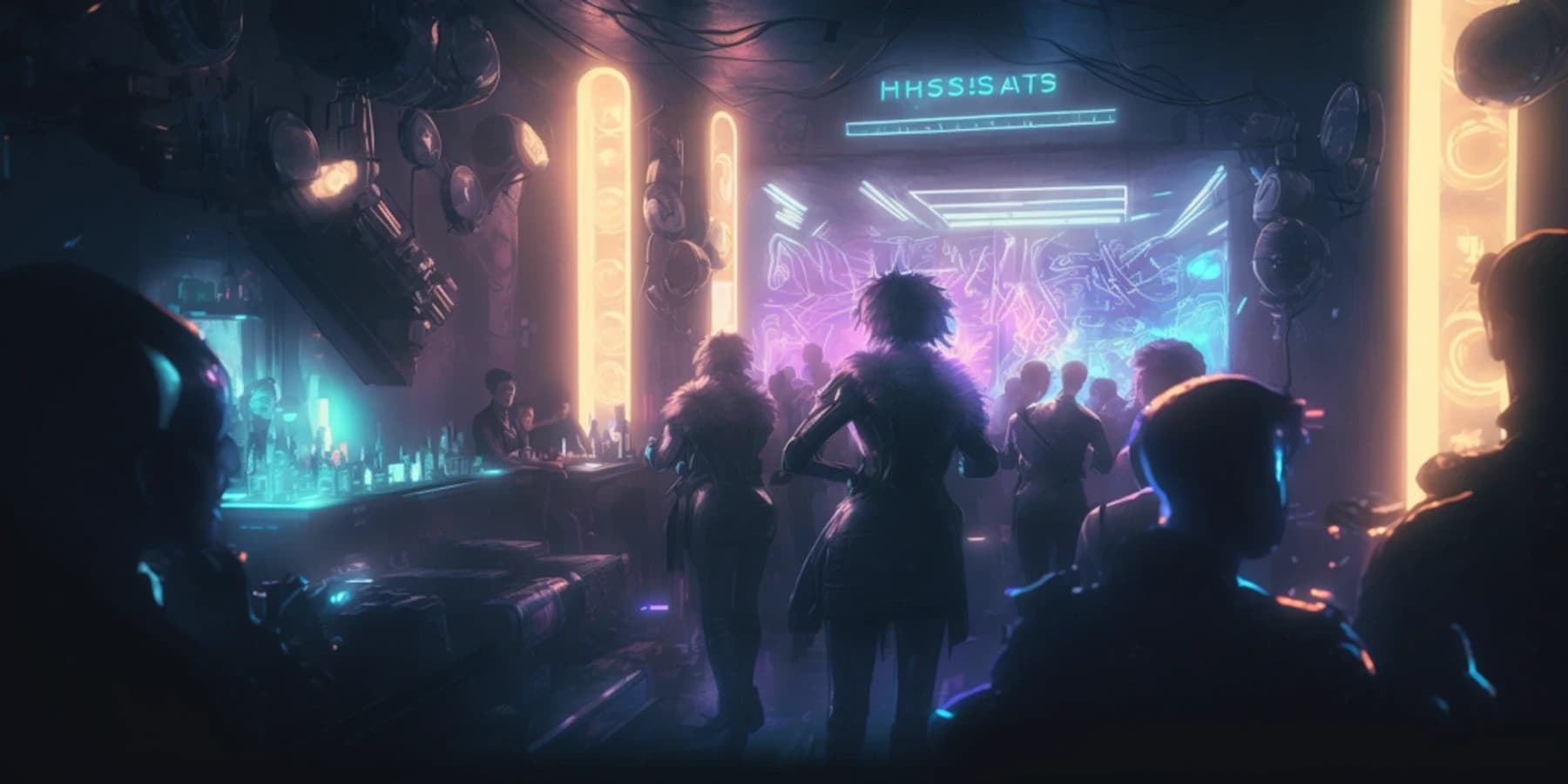 Ilustração de boate cyberpunk lotada, com pessoas de silhueta diante de painéis de neon roxo e azul e um bar iluminado.