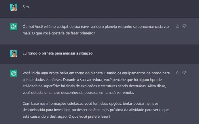 Captura de tela do ChatGPT continuando a aventura de RPG, descrevendo a órbita de um planeta e duas opções de exploração.