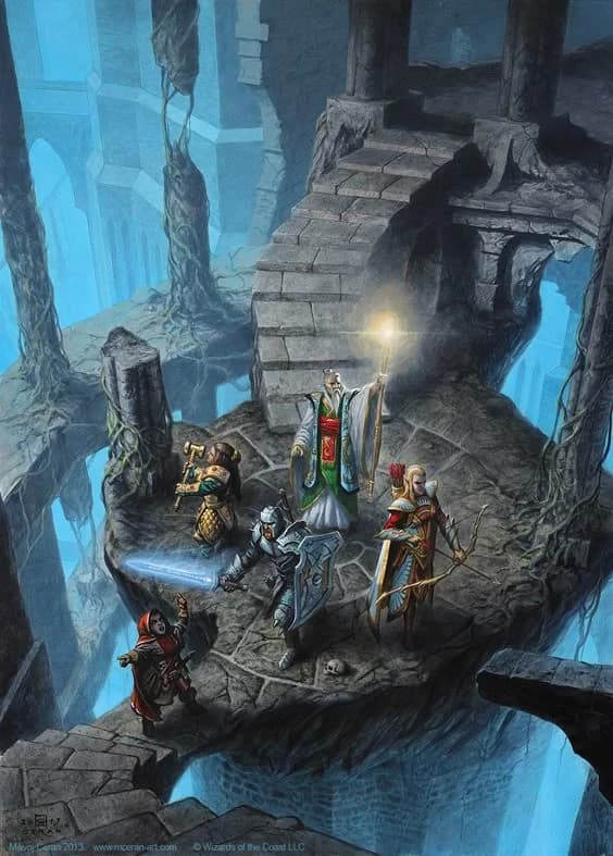 Grupo de aventureiros de D&D — um anão clérigo, um cavaleiro humano de espada brilhante, uma arqueira elfa e um velho mago de manto branco com cajado luminoso — reunidos sobre uma plataforma de pedra em ruínas azuladas.